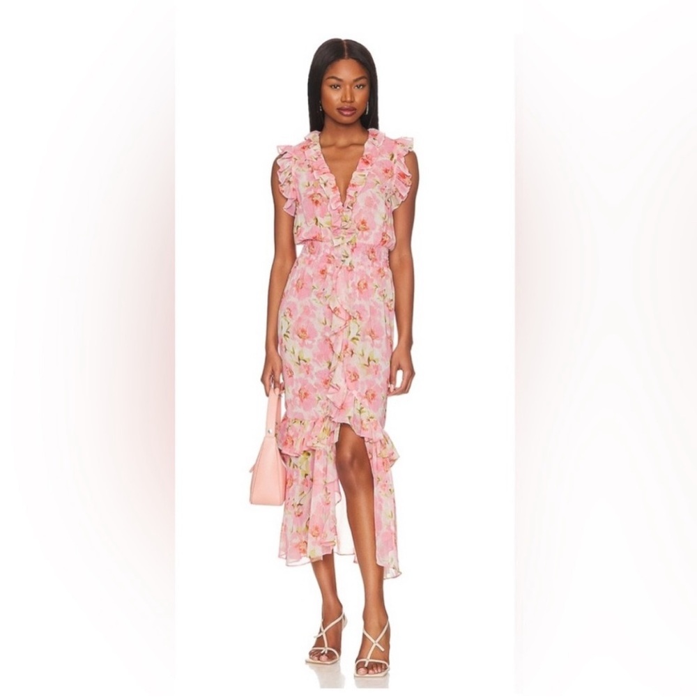 Misa Los Angeles Pink Floral Ruffle High-Low Midi Dress